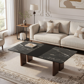 Sunvega Modern Black Dining Table with Self-Storing Leaf and Faux Marble Top