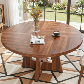 Sunvega 47 Inch Round Wood Dining Table with Walnut Finish for 4-6 Seating