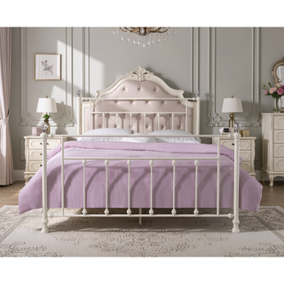 Sunvega Comet White Finish Queen Bed with Elegant Spindle Design and Crystal Accents