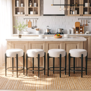 Sunvega Mid-Century Modern Kitchen Stools Set of 4 with White Boucle Upholstery and Metal Base