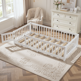 Sunvega Twin Size Floor Bed with Safety Guardrails and Door for Kids in Natural