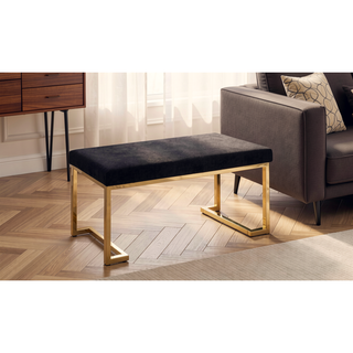Sunvega Black Faux Fur Upholstered Rectangular Armless Backless Bench with Champagne Gold Base