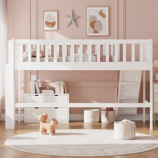 Sunvega Twin Size Low Loft Bed with Slide and Space Saving Ladder in Gray