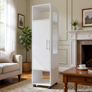Sunvega White 1-Door Wardrobe with Mirror and Open Storage for Smaller Bedroom