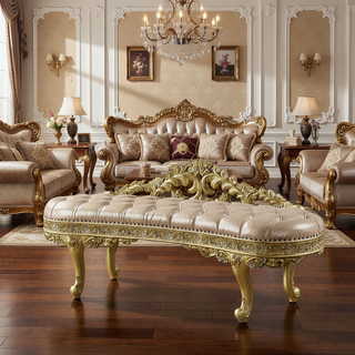 Sunvega Light Gold PU Leather Upholstered Accent Bench with Resin Details for Living Room
