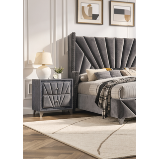 Sunvega Transitional Gray Fabric Upholstered Nightstand with Chrome Legs and Glass Top