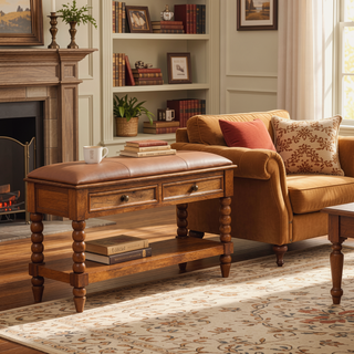 Sunvega Amber Oak Leather Spindle Bench with 2 Drawers and 1 Shelf for Entryway