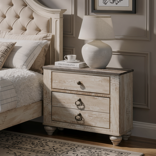 Sunvega Antique Brown Patched Wood Top Nightstand with Three Spacious Drawers