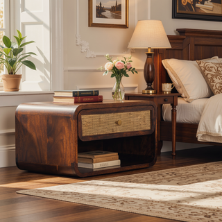 Sunvega Chestnut Woven Chest with Three Sleek Drawers and Shiny Knobs
