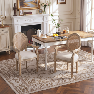 Sunvega French Style Solid Wood Frame Linen Fabric Oval Back Dining Chairs Set of 2