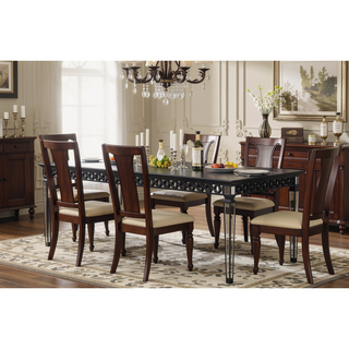 Sunvega Mirrored Black Finish Dining Table with Geometric Trim and Extension Leaf