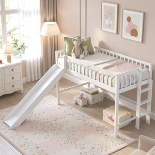 Sunvega Twin Size Low Loft Bed with Slide and Space Saving Ladder in Gray
