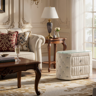 Sunvega Ivory Upholstered Nightstand with Two Spacious Drawers and Glass Top