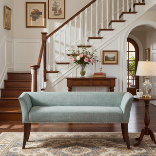 Sunvega Upholstered Cream Accent Bench with Padded Back and Flared Arms
