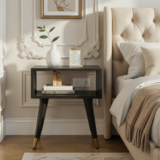 Sunvega Mid-Century Open Bedside Table with Shelf Storage in Solid Mango Wood
