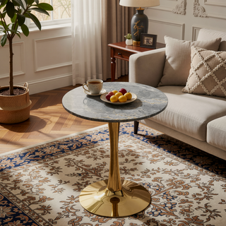 Sunvega Round White Pedestal Side Table with Marble Effect Top for Living Room