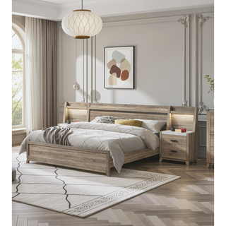 Sunvega Rustic Transitional Contemporary Nightstand Wall Panel with Faux Stone Top and LED Light