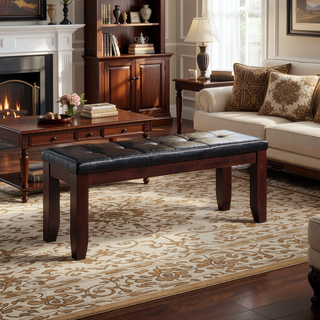 Sunvega Transitional Cherry Finish Wood Dining Bench with Padded Black Synthetic Leather Seat