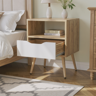 Sunvega Natural Oak and White Nightstand with Open Storage for Décor