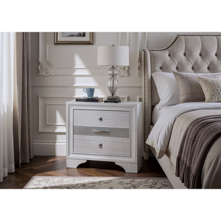 Sunvega White Acacia Wood Nightstand with Metal Drawer Pulls and Dovetail Joints
