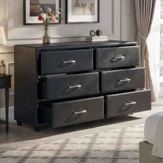 Sunvega Black Faux Leather Nightstand with Two Drawers and Silver Bar Pulls