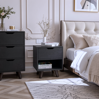Sunvega Modern Nightstand with Open Shelf and Drawer on Wooden Legs for Bedroom