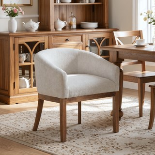 Sunvega Mid Century Modern Upholstered Barrel Dining Chair with Arms and Natural Hardwood Frame