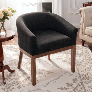 Sunvega Mid Century Modern Upholstered Barrel Dining Chair with Arms and Natural Hardwood Frame