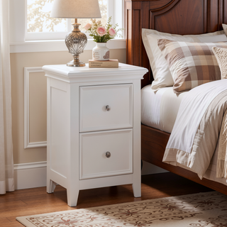 Sunvega White Transitional Nightstand with Two Drawers and Metal Knobs