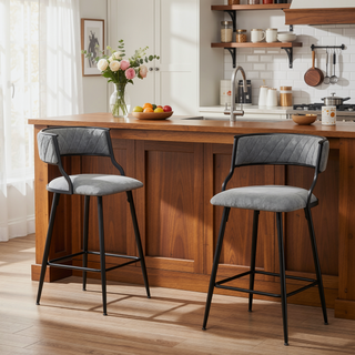 Sunvega PU Counter Height Bar Stool with Black Base and Footrest in Grey