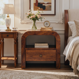 Sunvega Handcrafted Solid Mango Wood Chestnut Nightstand with Drawer and Shelf