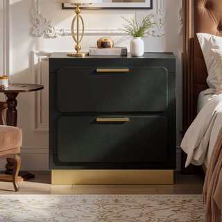 Sunvega Modern Black Nightstand with Two Drawers and Gold Accents