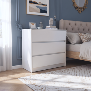 Sunvega White Three Drawer Dresser with Pull Out Mechanism and Metal Rails