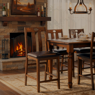 Sunvega Brown Acacia Veneer Counter Height Dining Table Set with 4 Upholstered Chairs