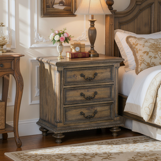 Sunvega Weathered Pecan Finish Nightstand with 3 Dovetail Drawers and Metal Hardware