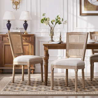 Sunvega French Style Solid Wood Frame Linen Fabric Oval Back Dining Chairs Set of 2