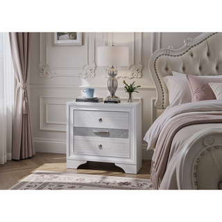 Sunvega White Acacia Wood Nightstand with Metal Drawer Pulls and Dovetail Joints
