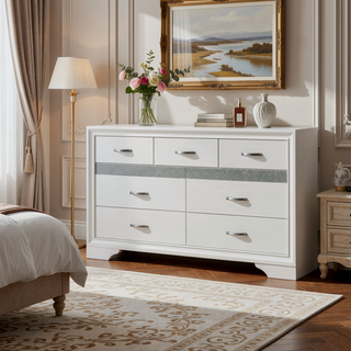Sunvega White and Silver Glitter Nightstand with Hidden Felt-Lined Jewelry Drawer