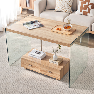 Sunvega Modern MDF Coffee Table with Tempered Glass Sides and Anti-Slip Bottom