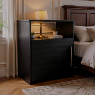Sunvega Black Nightstand with Single Door Cabinet and Metal Handle for Bedroom