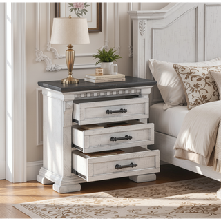 Sunvega Antique White Transitional Wood Nightstand with Three Convenient Drawers