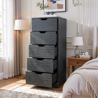 Sunvega Smokey Oak 5 Narrow Drawer Dresser with Pull-Out Mechanism and Spacious Storage