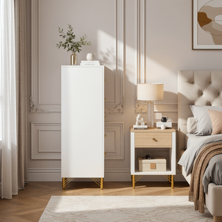 Sunvega Bright White Modern Five-Drawer Chest with Gold Trim for Bedroom