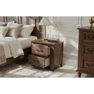 Sunvega Oak Finish Contemporary Wooden Bedside Table with 2 Drawers Storage