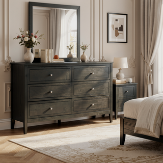 Sunvega Fully Assembled 6 Drawer Dresser with French Dovetail Wood Veneer Finish