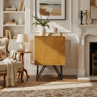 Sunvega Industrial Modern Oak Veneer Nightstand with Drawer and Open Storage