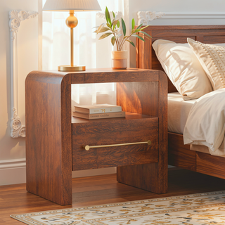 Sunvega Solid Oak Bedside Table with Curved Edge and Single Drawer Shelf