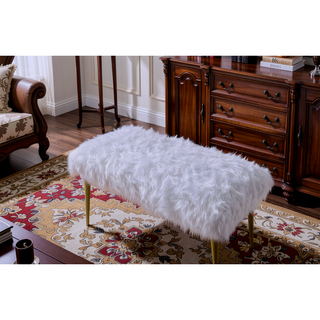 Sunvega Gold Finish Metal Base Armless Backless Lounge Bench with White Faux Fur