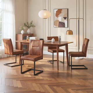 Sunvega Vintage Brown Tech Fabric Dining Chairs with Ergonomic Backrest and Industrial Metal Legs