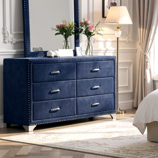 Sunvega Upholstered Dresser with Six Spacious Drawers and Nail Head Trim